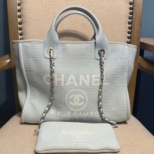 AUTHENTIC Chanel Small Deauville Shopping Tote in Blue Boucle w/ Gold Hardware